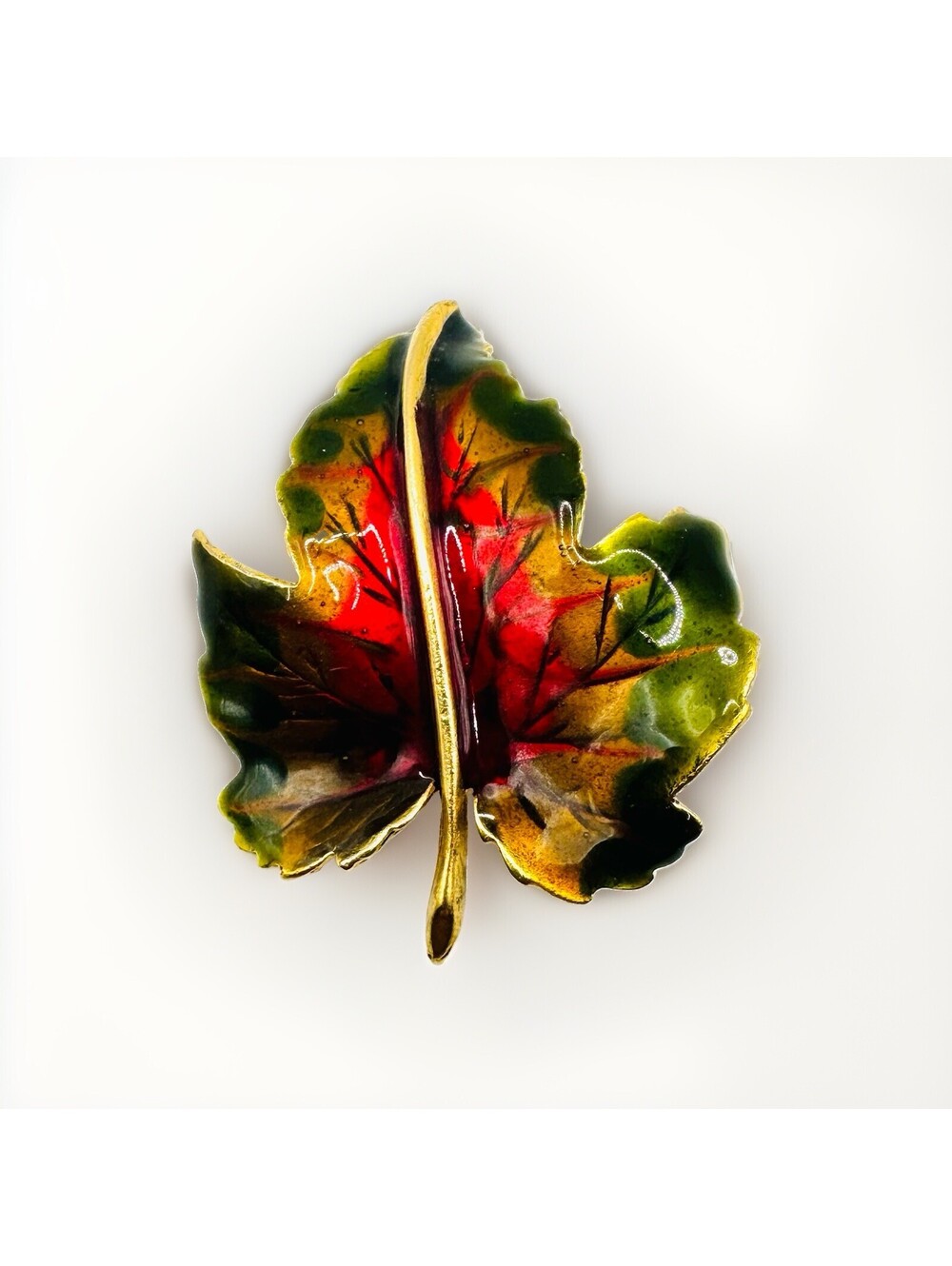 Gold Tone Red and Green Enamel Autumn Maple Leaf Brooch
